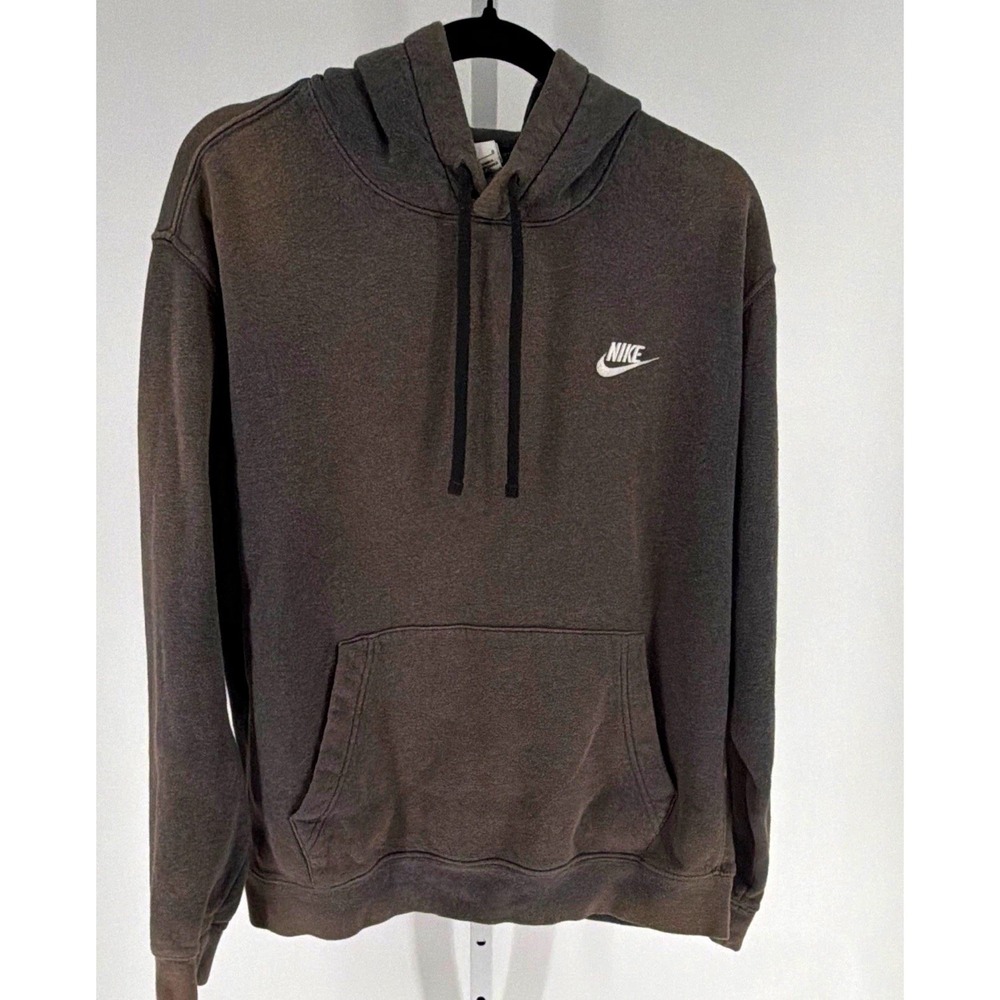 Nike Club Gray Bleach Dye Fleece Pullover Hoodie Men's L Logo Pockets Gym